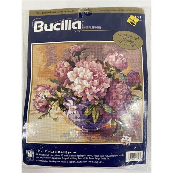 Bucilla Peonies In Bloom Needlepoint Kit #4771- 1998 16” X 14” Picture Flowers - Picture 1 of 8